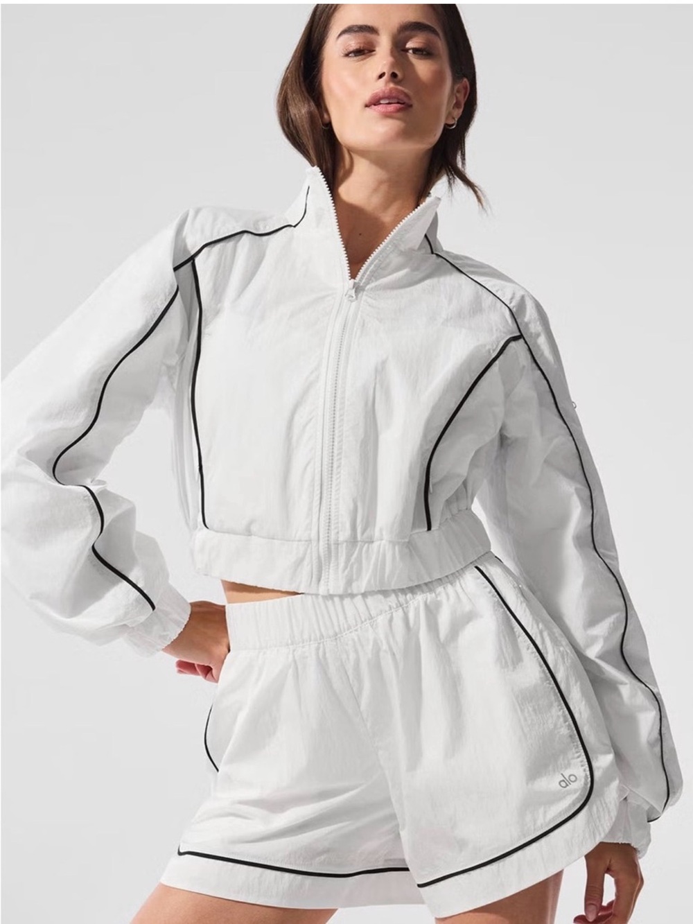 ALO Yoga White Cropped Zip Jacket with Black Trim